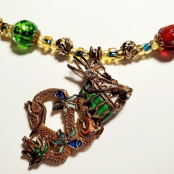 VINTAGE Colorful Beaded Necklace with Dragon Charm 24" L - Picture 5 of 9